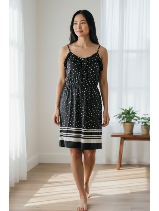 Elle Dresses & Skirts - Elle Womens Dress Size M B&W Polka Dot Ruffle Sleeveless Adj. Straps Stripes